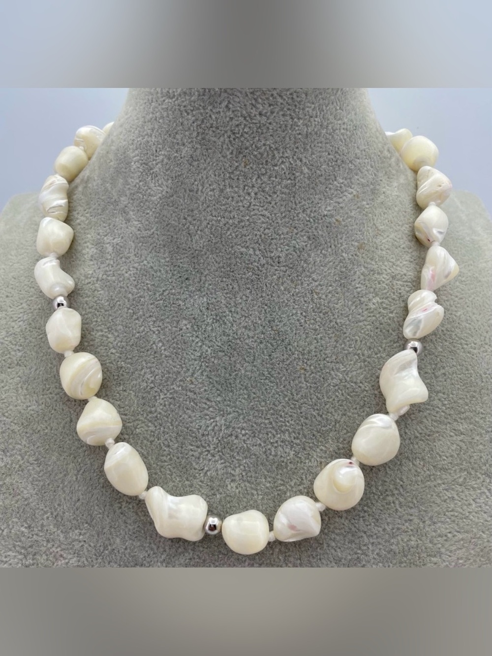 Hand-Knotted Mother of Pearl Nugget Necklace w/ Sterling Silver Accents